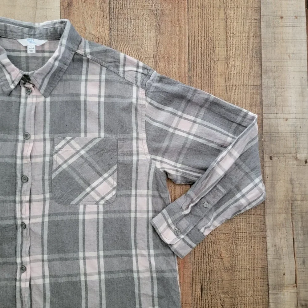 Time and Tru Gray and Pink Plaid Flannel Button Down Large - Picture 4 of 16